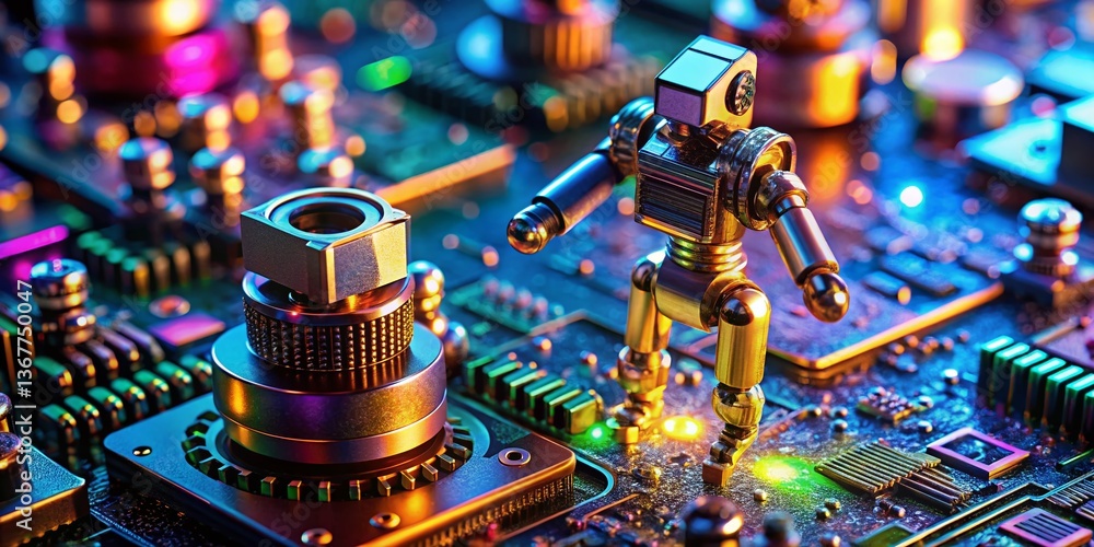 Poster macro close-up of robotic components: gears, circuits, and microchips in the industrial automation s
