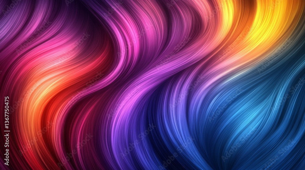 Poster vivid color spectrum wave, abstract flowing lines, dynamic composition on black background
