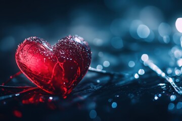 Sparkling Red Heart on Dark Surface with Bokeh Lights - Love, Romance, and Valentine's Day Theme