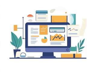 Desktop computer with data graphs and a plant at an office shows modern business management