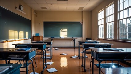 Empty classroom with scattered notebooks and sunlight streaming through window