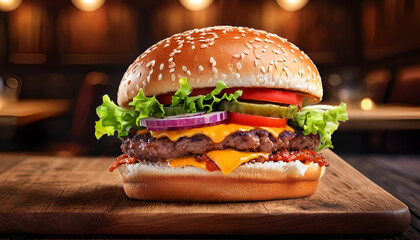 Burger on wooden table in restaurant background