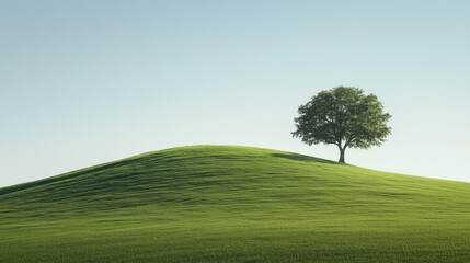 Fototapeta premium A serene landscape of a gently sloping grassy hill, On the right side of the image, there is a lone deciduous tree on top