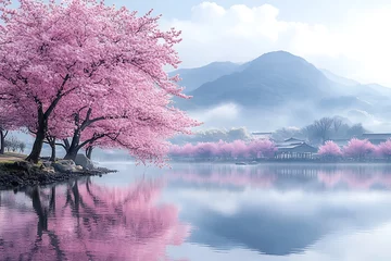 Printed kitchen splashbacks Serene cherry blossoms reflected in a calm lake at sunrise, misty mountains in the background.