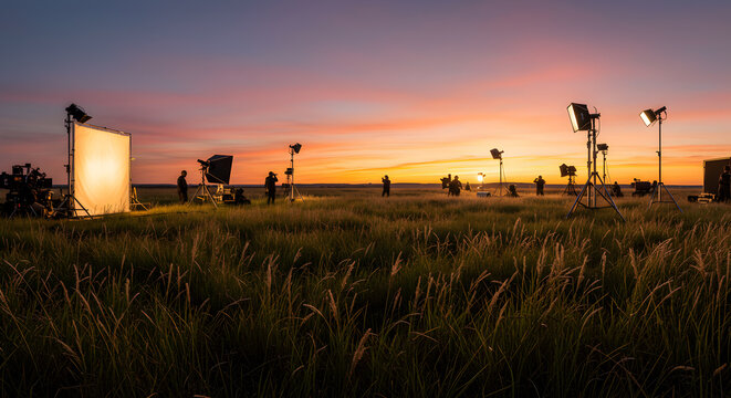 Film production crew and equipment on location in scenic grassland sunset