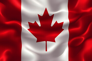 Obraz premium A vibrant Canadian flag flutters in the wind, showcasing its iconic red and white colors in sunlight