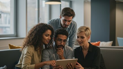 Diverse team collaborates, reviewing tablet in a modern office setting.