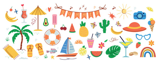 trendy, tropical fruits, desserts, summer elements. naive, summer set, isolated figures on a white background. minimalist, childish, naive style. for print, banners, social networks, and businesses. 