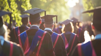 An image of graduates marching in procession towards the graduation venue, led by university officials and accompanied by the sounds of music and applause.