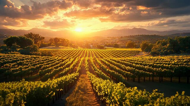 Golden sunlight bathes the vibrant vineyard, highlighting rows of grapevines stretching across rolling hills. The tranquil setting captures the essence of natures beauty during spring.