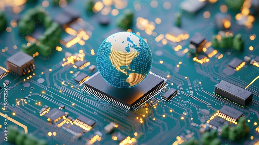 Poster a digital globe resting on a microchip, symbolizing technology's role in connecting the world, surro