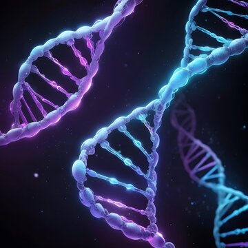 The illustration of the DNA double helix shows intertwined strands with detailed base pairs.