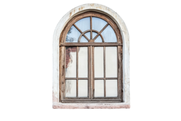 Charming arched wooden window adorned with rustic details, showcasing serene outdoor reflections isolated on transparent background