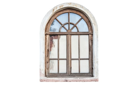Charming arched wooden window adorned with rustic details, showcasing serene outdoor reflections isolated on transparent background