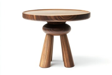 A beautifully crafted wooden side table featuring a unique round top and artistic legs isolated on transparent background