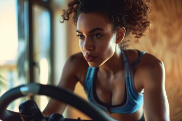 Female athlete is working out on a stationary bike in a gym, her face reflecting determination and focus