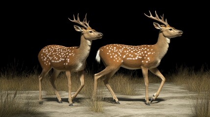 Two realistic spotted deer walking in the grass on a black background.