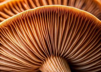 Macro Photography: Brown Mushroom Gills, Detailed Texture, Copy Space