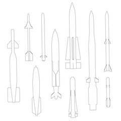 A series of rocket designs are shown in black and white. The rockets are all different shapes and sizes, with some being long and thin and others being short and stubby. Scene is one of creativity