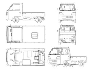 A truck is shown in different angles, with the front and back of the truck being the most detailed. The truck is a small, compact vehicle with a bed on the back. Concept of simplicity and practicality © German Ovchinnikov
