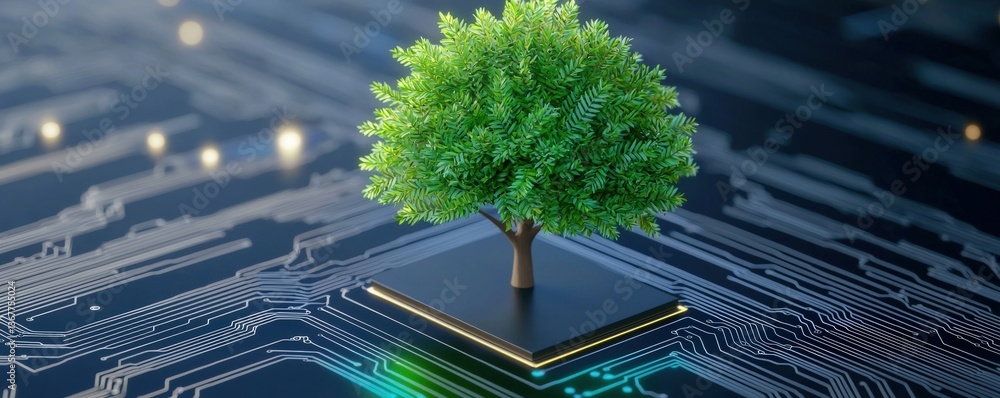 Poster a digital representation of a tree growing from a circuit board, symbolizing the intersection of nat