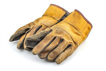 Worn leather work gloves resting on a pristine surface after a long day of labor outdoors isolated on transparent background