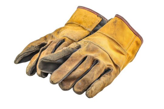 Worn leather work gloves resting on a pristine surface after a long day of labor outdoors isolated on transparent background