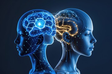Obraz premium Digital representation of two human profiles with illuminated brain areas showcasing intelligence, connectivity, and technology