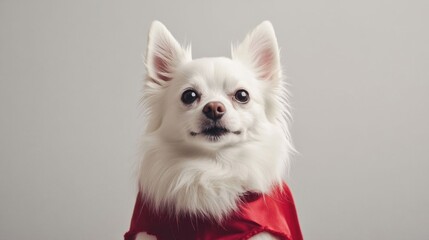 A fluffy white dog in a red costume.