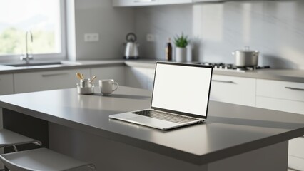 Laptop on a kitchen island with bright light and a modern workspace vibe.