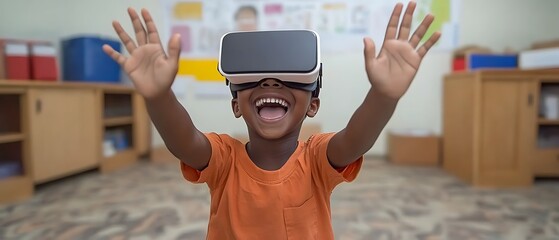 Happy child wearing VR headset, hands up.