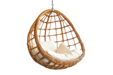 Cozy hanging chair made of natural materials, inviting relaxation in a serene indoor space isolated on transparent background