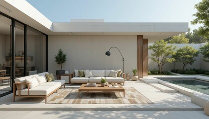 Modern Outdoor Living Space with Minimalist Furniture and Pool