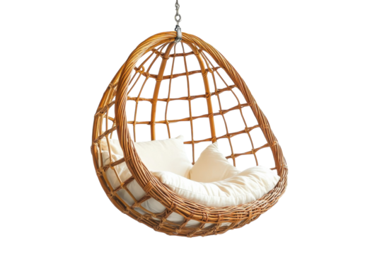 Cozy hanging chair made of natural materials, inviting relaxation in a serene indoor space isolated on transparent background