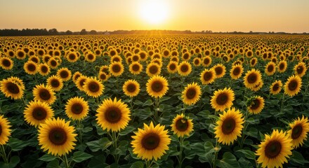 Vibrant sunflower field at sunset with golden hues and clear skies