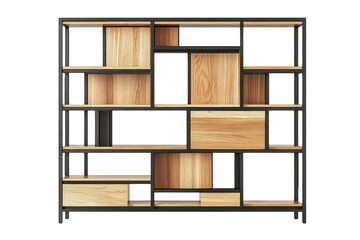 Modern wooden and metal shelving unit showcasing creative design in an elegant living space isolated on transparent background