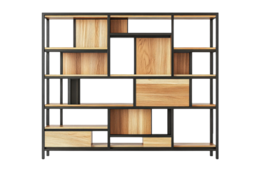 Modern wooden and metal shelving unit showcasing creative design in an elegant living space isolated on transparent background