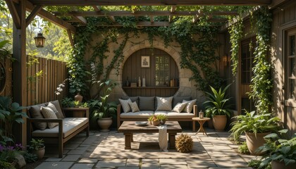Fototapeta premium Charming Outdoor Patio with Cozy Seating and Lush Greenery