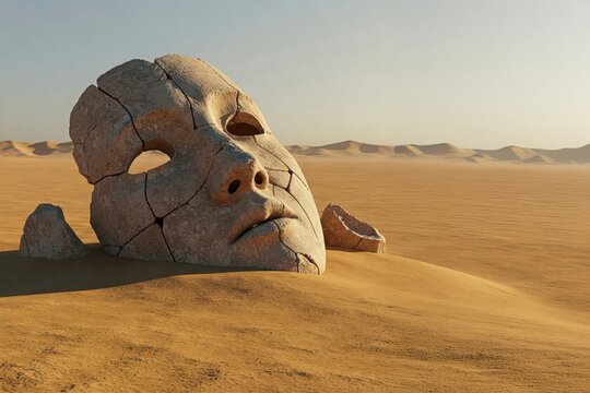 A massive, weathered stone face lies partially buried in a vast desert landscape.

