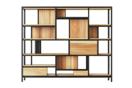 Modern wooden and metal shelving unit showcasing creative design in an elegant living space isolated on transparent background