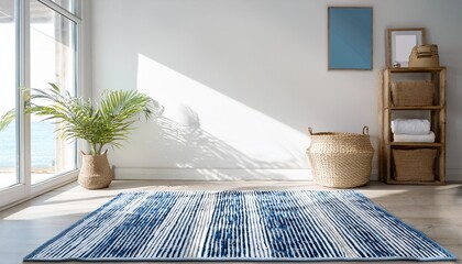 Empty White Wall Mockup in Coastal Interior with Natural Fiber Rug with Blue and White Striped Patterns. Natural Daylight From a Window. Promotion Background.