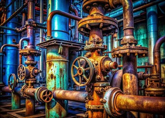 Macro Photography of Chemical Plant Equipment: Close-up Details of Industrial Pipes and Valves