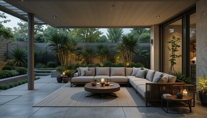 Fototapeta premium Modern Outdoor Living Space with Cozy Sofa and Lush Greenery
