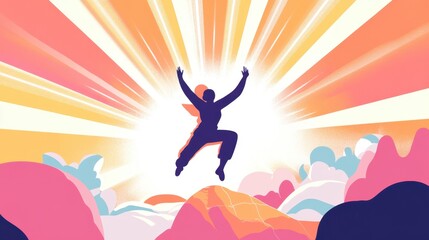 Vibrant Illustration of Person Jumping Joyfully Against Sunrise Background