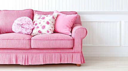 A pretty pink sofa with decorative pillows provides elegant comfort