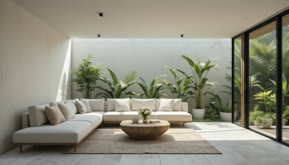 Naklejka premium Modern Minimalist Living Room with Greenery and Cozy Sofa
