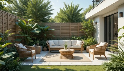 Obraz premium Cozy Outdoor Living Space with Comfortable Seating and Lush Plants