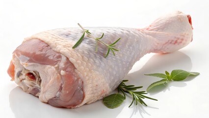 Raw Turkey Drumstick with Skin and Marbled Meat on a White Background  
