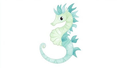 Obraz premium Whimsical Cartoon Seahorse with Pastel Blue and Green Shades on White