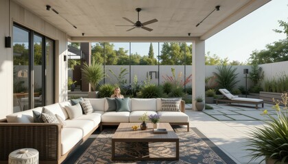 Fototapeta premium Modern Outdoor Living Space with Cozy Sofa and Lush Greenery